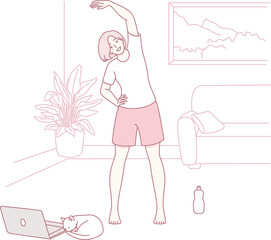 A woman is stretching at home with her beloved cat by her side, promoting wellness, fitness, and health
