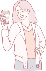 A stylish and fashionable woman, radiantly happy, is joyfully holding a coffee cup in a relaxed, cozy setting