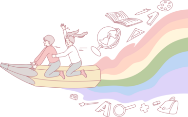 A whimsical illustration of joyful children riding a giant pencil, symbolizing creativity and exploration