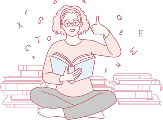 A person finds immense joy as they read happily among towering piles of books, with letters swirling around