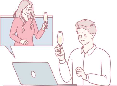 Two close friends joyfully celebrating together online, sharing drinks and laughter during a fun virtual call