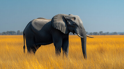 Fototapeta premium African elephant grazing in tall golden grass, African savanna landscape