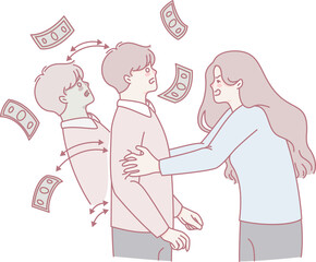 A detailed illustration depicting the emotional dynamics and financial interactions occurring between individuals
