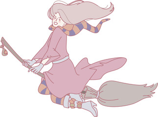 A whimsical witch with long flowing hair soaring gracefully on a broomstick, adorned in vibrant,...