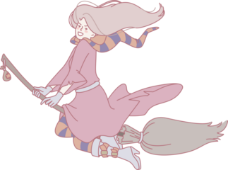 A whimsical witch with long flowing hair soaring gracefully on a broomstick, adorned in vibrant, colorful attire