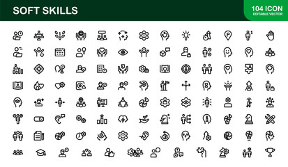 Soft Skills Icon Set Featuring Communication, Leadership, Teamwork, and Creativity Symbols in Clean Vector Style