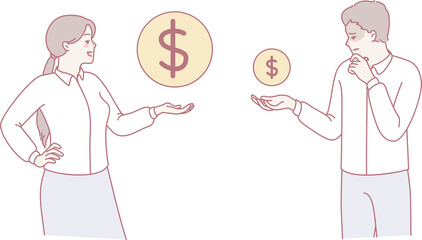 Two individuals are engaged in a detailed monetary discussion, visualizing and contemplating various amounts