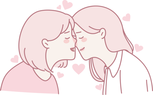 A tender and lovely illustration depicts two girls leaning in for a sweet kiss, surrounded by hearts in the background