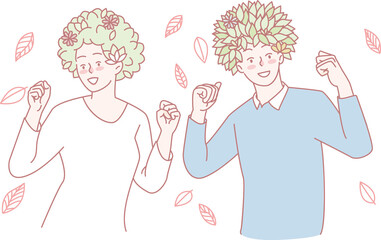 Two cheerful and joyful characters, adorned with colorful floral hairstyles, dance gracefully amidst falling leaves