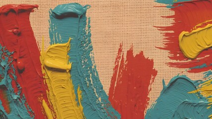 A close up of bright paint strokes in red yellow and blue on a textured canvas surface artwork