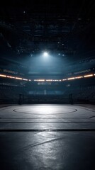 A stunning image of spotlit Wrestling Mat in an Empty Arena.