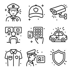 Security officer icon set with nine symbols for security and law enforcement. Perfect for websites, presentations, and securityrelated designs.
