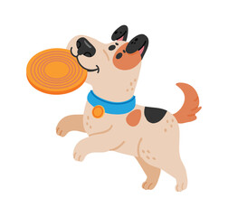 Playful spotted dog running joyfully while holding an orange frisbee in its mouth, relishing a fun game of fetch in the park under the bright sun