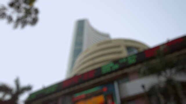 Bokeh view of Bombay Stock Exchange building in Mumbai, India. Blurred background footage.
