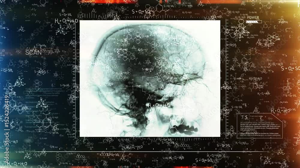 Poster brain scan overlayed with chemical formulas