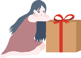 Drawing of a girl in red dress looking grumpy sitting in front of cardboard gift box design illustration