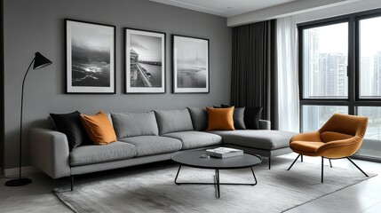 Fototapeta premium Modern living room with gray sofa, orange accents, and framed art