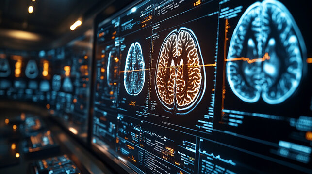 Brain scans displayed on monitors in a dark tech lab