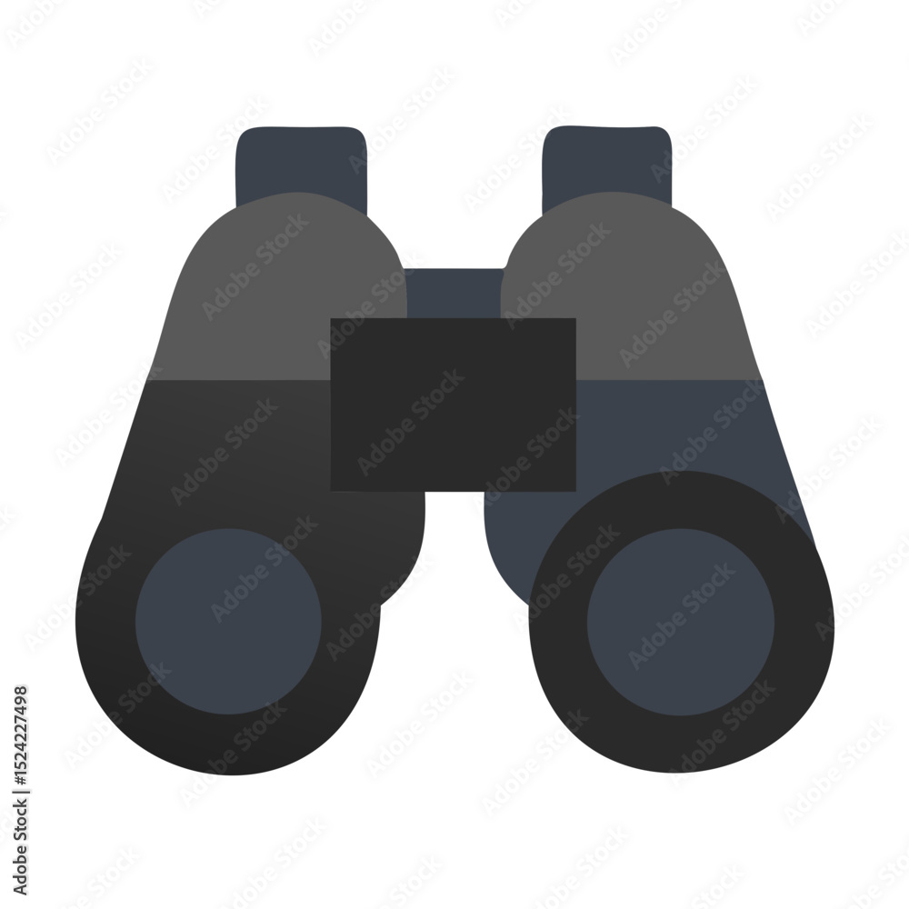 Poster illustration of a pair of binoculars with a black rectangle in the middle part on transparent backgr