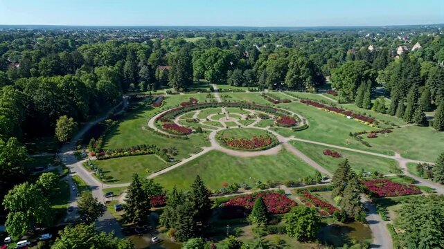 aerial view of a circular garden with a circular flower bed