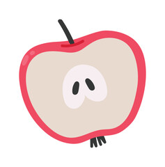 Cartoon drawing of a red apple cut in half, showing seeds and stem, isolated on white background, representing healthy eating habits and freshness