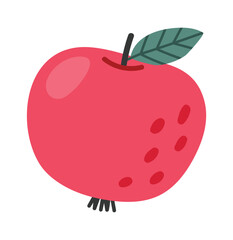 Cartoon illustration of a red apple with leaf, stem, and characteristic spots, isolated on white background, ideal for healthy eating, fruit based designs, and educational materials