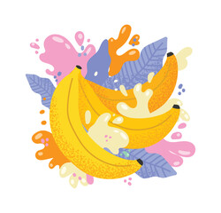 Ripe bananas are surrounded by splashes of creamy yogurt and colorful leaves, creating a vibrant and refreshing scene that evokes a sense of health and deliciousness