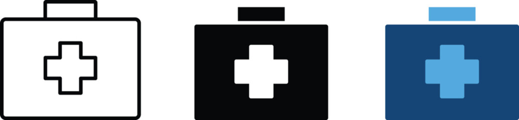 First Aid Medical Kit and Box Icon Set in Flat Vector Style