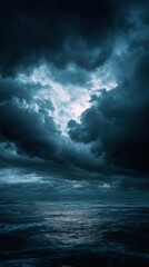 A stunning image of horror black blue sky, sea haunted cloud, scary ocean, depression background, mystery gloomy dark theme, blur texture.