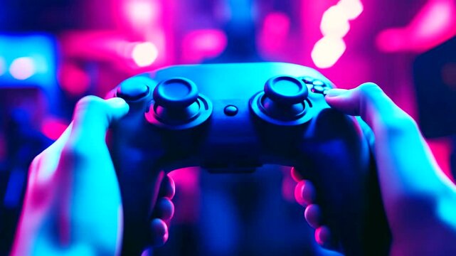 Game controller in hand with pink and blue neon lights