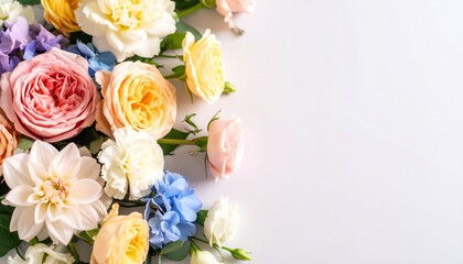 Spring floral composition made of fresh colorful flowers on a light pastel background