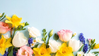 Spring floral composition made of fresh colorful flowers on a light pastel background