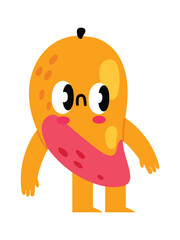 Colorful illustration of a sad anthropomorphic mango with a slice cut out, looking disappointed, isolated on a white background, ideal for healthy eating campaigns or children s books