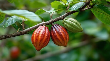 Close-up of ripening cocoa pods on a tree branch in a lush tropical forest