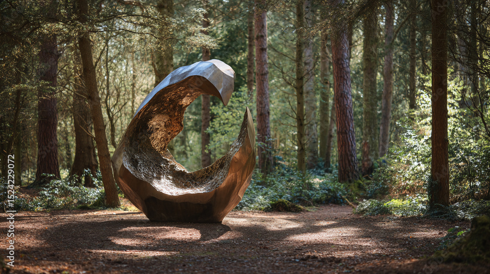 Poster Sculpture in the woods a large wooden structure in the middle of a forest path surrounded by trees