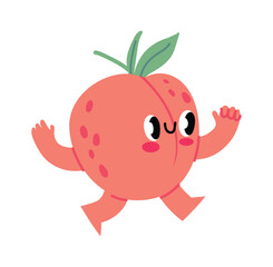 Cartoon peach character walking and waving hello, featuring a cute, funny face with arms and legs. Representing healthy food, perfect for children s illustrations and cheerful designs