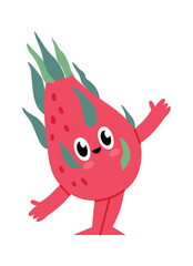 Cartoon dragon fruit character waving with hands and smiling, funny kawaii exotic fruit with smiling face, arms and legs, isolated illustration on white background