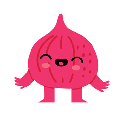 Happy red onion cartoon character is laughing with open arms and closed eyes, showing joy and welcoming attitude, isolated on white background
