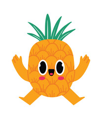 Funny cartoon character of a joyful pineapple running with open arms, big eyes and a large smile, isolated illustration on white background