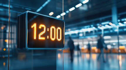 Close up of digital clock in office at night and overtime culture concept