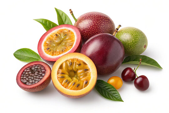 Fresh Passion Fruit with Seeds, Leaves, and Berries on White Background - Powered by Adobe