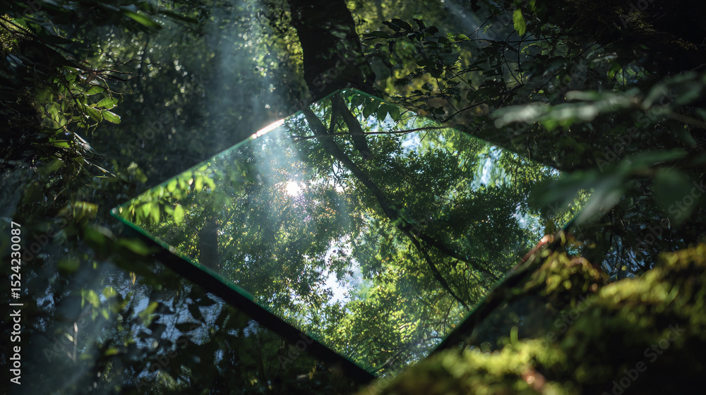 Poster a square mirror reflecting the forest canopy with sunlight streaming through the trees above it