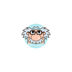 Cartoon Scientist with Square Glasses and Wild White Hair Smiling.