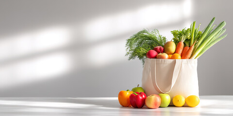 Fruits and vegetables in cloth bag on white wall background