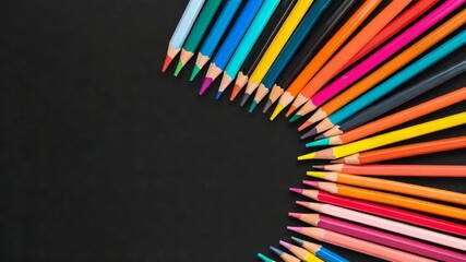 Vibrant colored pencils arranged in a semi-circle on a black background for artistic use - Powered by Adobe