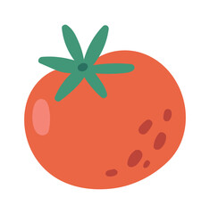 Cartoon illustration featuring a vibrant, ripe red tomato adorned with fresh green leaves, representing the essence of healthy eating and the joy of fresh produce
