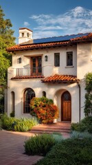 Fototapeta premium A stunning image of solar Panels on Spanish Revival Villa in Santa Barbara, California, Stucco Home with Red-Tiled Roof, Arched Doorways, Wrought-Iron Details, Clean Energy.