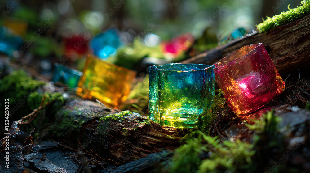Poster colorful glass candle holders on a mossy log in a forest setting with bokeh background effect and so
