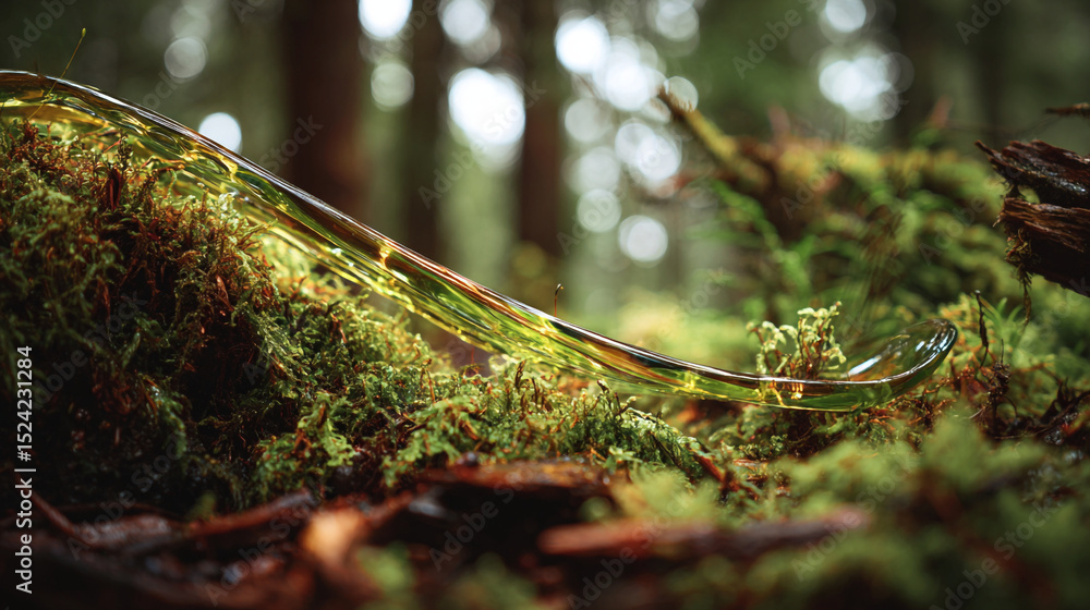 Poster a close up of a glass tube resting on moss in a forest with a blurred background of trees and light