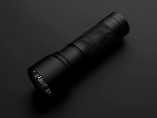 A sleek black flashlight lying diagonally on a dark surface with subtle lighting and shadows